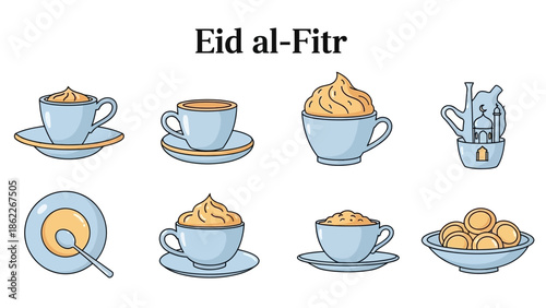 Eid al-Fitr Icons: Coffee Cups, Sweets, and Mosque Lantern