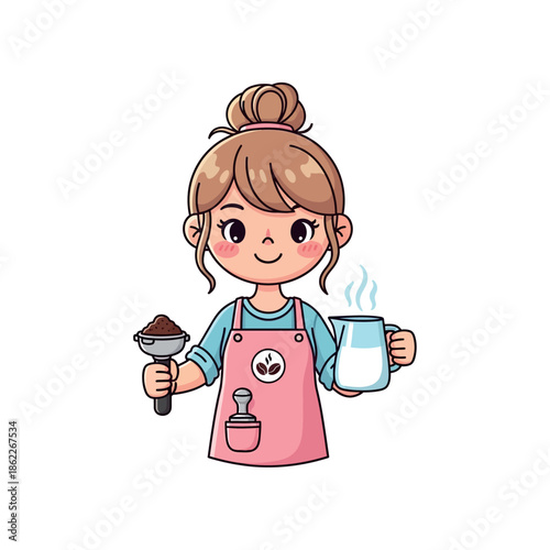 A cartoon girl in a pink apron holds coffee grounds and a steaming mug.