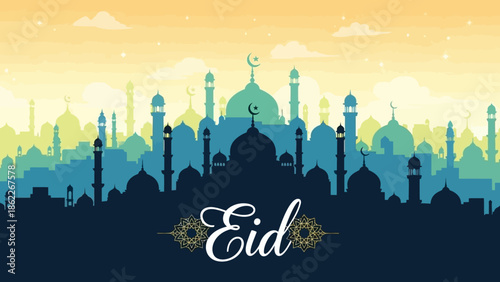 Eid Celebration Skyline with Mosques and Crescent Moon