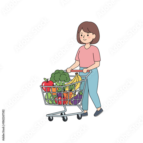 Woman pushing shopping cart filled with fresh vegetables and fruits.