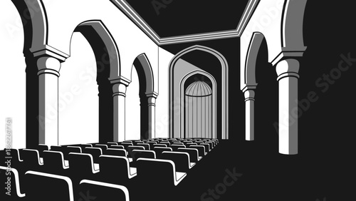 Empty Auditorium Hall with Rows of Seats and Arched Architecture