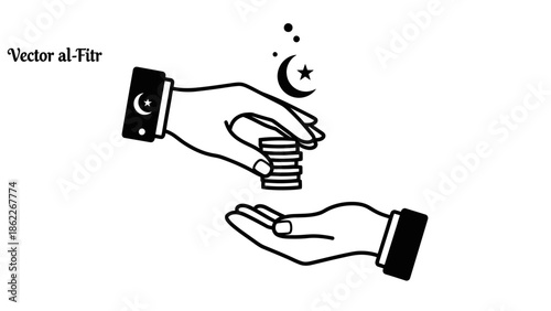 Giving Zakat Al-Fitr, Islamic Charity, Ramadan Muslim Hands Offering Coins