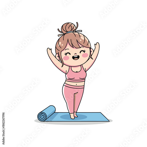 A woman in pink workout clothes practices yoga on a blue mat with a joyful expression.