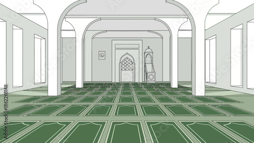 Islamic Mosque Interior - Prayer Hall with Green Carpets and Arches