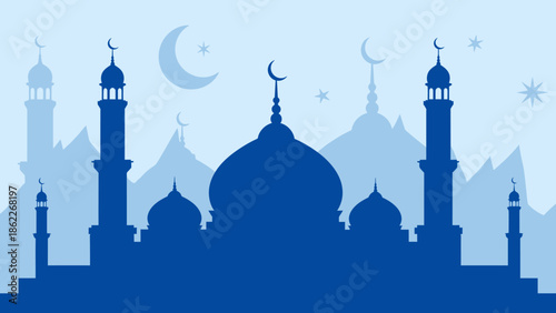 Islamic Mosque Silhouette with Crescent Moon and Stars - Blue Background