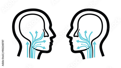 Illustrative depiction of two human head profiles showcasing airflow pathways within the nasal and respiratory systems