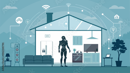 Smart home robot standing in modern living room with connected devices