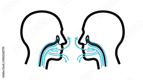 Illustration depicting the airflow during speech showcasing nasal passages and the movement of air through the nose and mouth