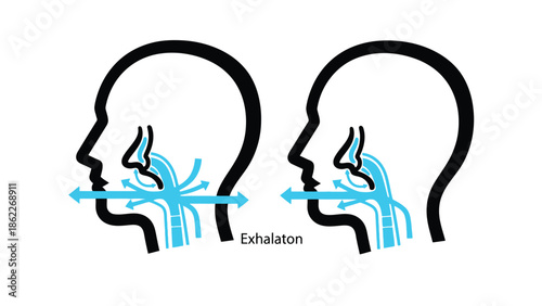 Illustrative depiction of human breathing process showing airflow during exhalation with side profiles and directional arrows