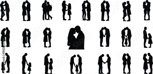 Couple and family silhouette collection illustration showing love parenting relationships moments vector set for romance family lifestyle design concepts