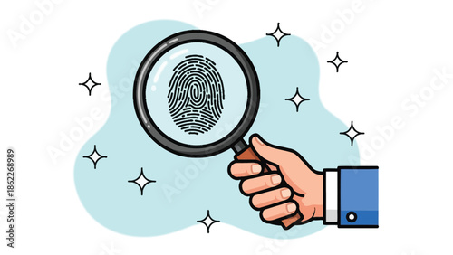 A hand holding a magnifying glass over a fingerprint with sparkling star graphics in a light blue background