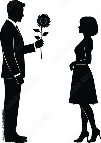 Romantic couple silhouette man giving flower to woman illustration symbolizing love proposal date vector art for Valentine design concept romance