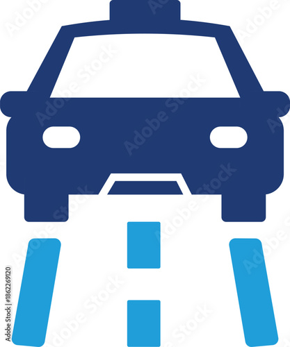 Minimalist Taxi Cab Icon on Road Lanes for Urban Mobility and Ride Sharing Apps