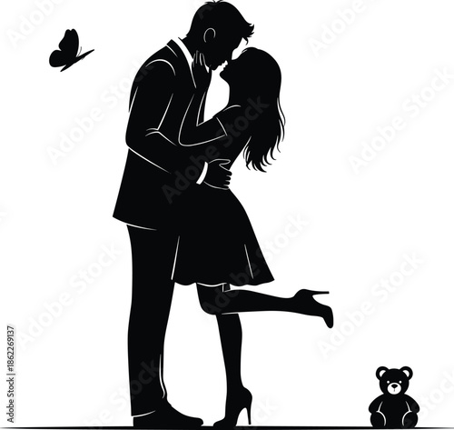 Romantic couple silhouette illustration showing love kiss moment with butterfly and teddy bear vector art for Valentine design concept