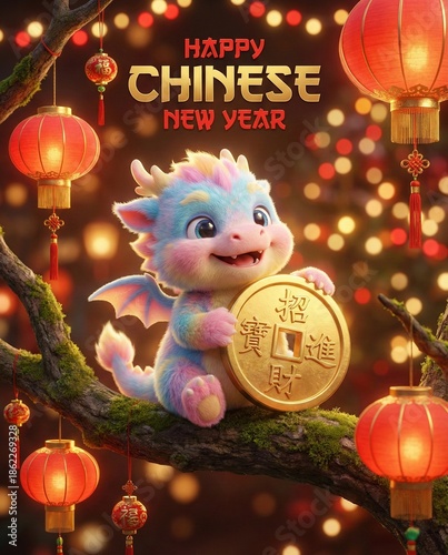Happy Chinese New Year Greeting Card: Cute Baby Dragon for the Year of the Dragon with Lucky Coin and Red Lanterns