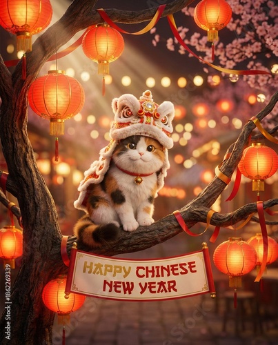 Adorable Calico Cat in Lion Dance Costume Celebrating Chinese New Year on a Tree with Red Lanterns