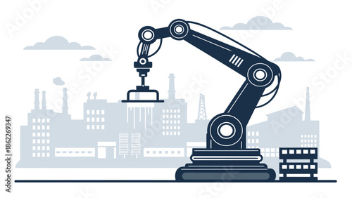 Industrial robotic arm in modern factory setting with cityscape