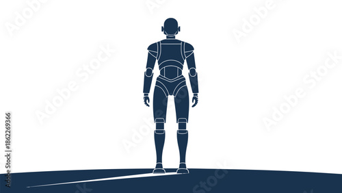 Futuristic robot standing on dark blue surface with white outlines