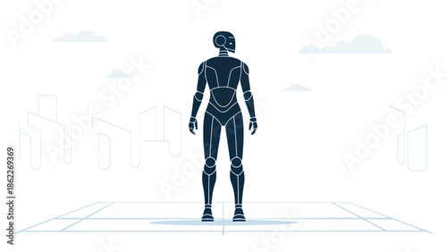 Futuristic humanoid robot standing on digital platform with cityscape