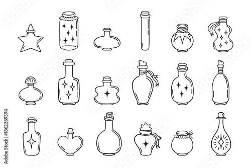 Magic flasks, bottles and jars doodle hand drawn icon set. Outline drawing line clipart symbol collection