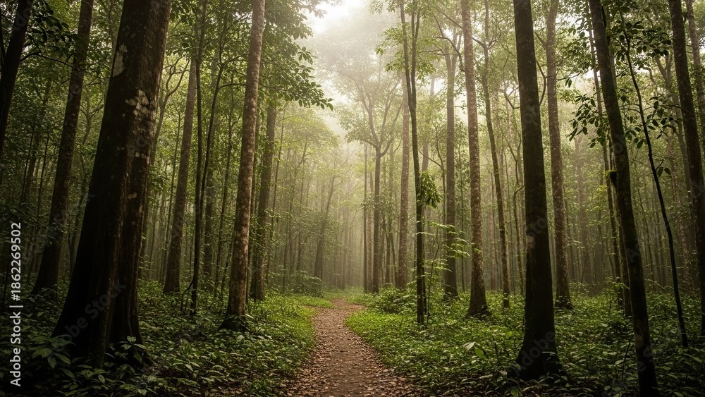 Fototapeta premium Serene forest path with tall trees and misty atmosphere