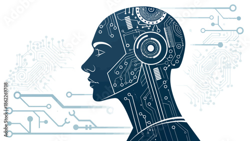 Futuristic robotic head with circuit board design elements
