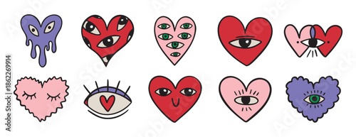 funny groovy heart character with eyes. Colorful cartoon creative trendy illustration doodle hand drawn icon hearts with eyes set.