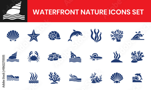 Waterfront Nature Icons Filled Set Landscape Scenery