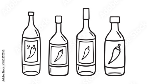 Hot pepper sauce bottle doodle hand drawn icon set. Outline drawing line clipart symbol collection