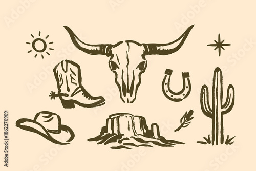 Longhorn skull western icons ink sketch vector illustration