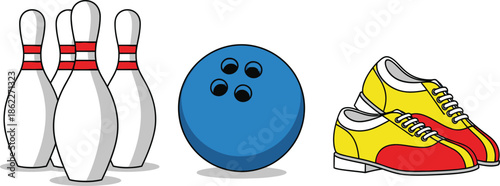 Set of 5 Bowling essentials flat illustration bowling ball with finger holes three bowling pins and bowling shoes