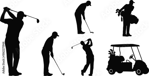 Silhouette vector set of 6 Golfer poses golfer driving swing putting stance carrying bag and golf cart