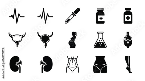 A collection of diverse medical icons representing healthcare anatomy and physiological processes in a minimalist black and white style