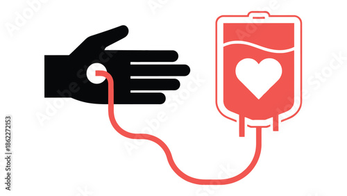 A symbolic representation of blood donation featuring a black hand extending towards a blood bag with a heart inside