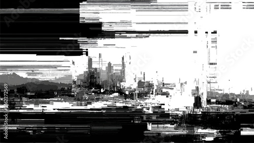 A distorted and glitching black and white image of an industrial city skyline with buildings and smoke