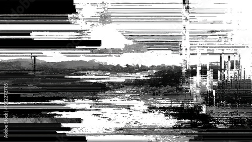 Abstract monochrome landscape featuring distorted lines foliage and hints of a distant skyline obscured by glitch effects