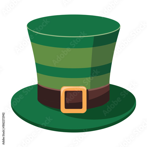 Vibrant green leprechaun top hat with a golden buckle and striped design, perfect for St. Patrick's Day celebrations.
