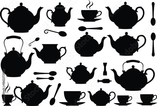 Tea set silhouette collection, teapots cups and spoons shapes, hot beverage drinkware elements, classic kitchen tea accessories, black vector illustration