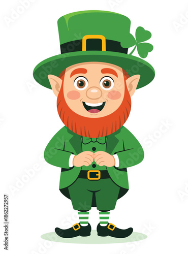 A cheerful cartoon leprechaun character wearing a green suit, top hat with a shamrock, and red beard, standing and smiling.