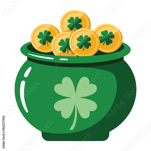 A vibrant green pot filled with shiny gold coins, each adorned with a lucky four-leaf clover, symbolizing Irish folklore and St. Patrick's Day celebrations.