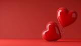 Two red hearts with  happy valentine s day  text on a red background featuring copy space