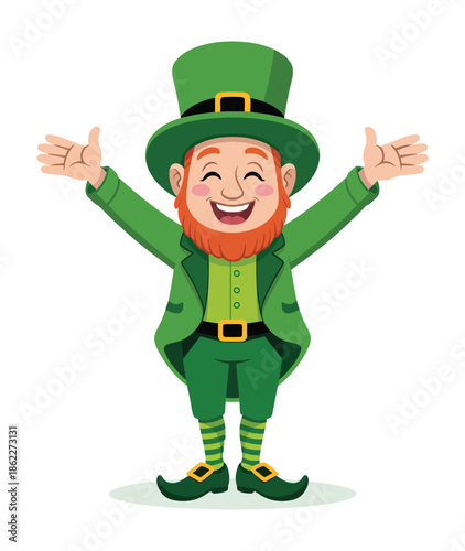 Happy cartoon leprechaun character with green suit and hat, red beard, smiling with arms wide open.