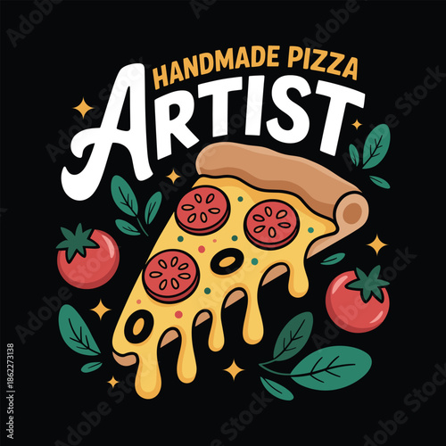 Handmade Artist Pizza Slice with Tomatoes and Leaves