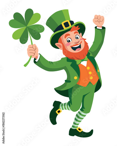 Joyful cartoon leprechaun holding a four-leaf clover, celebrating St. Patrick's Day with a happy expression and dancing pose.