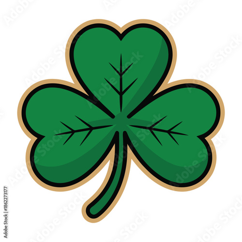 A vibrant green shamrock with three heart-shaped leaves and a short stem, outlined in dark green and a light brown border, symbolizing luck and Ireland.