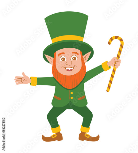 A cheerful cartoon leprechaun character wearing a green suit and top hat, holding a striped candy cane.