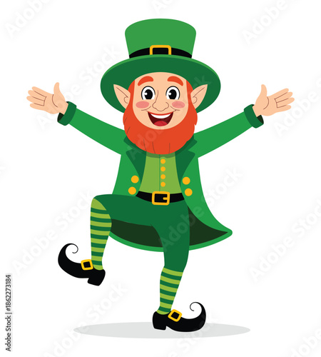 A cheerful cartoon leprechaun with a red beard, green suit, and top hat, happily dancing and celebrating St. Patrick's Day.