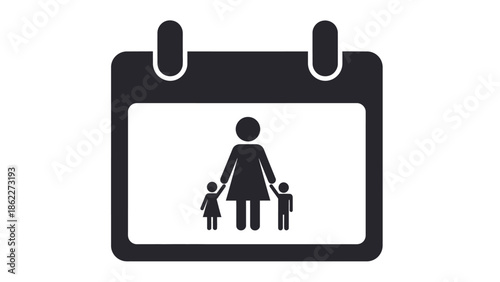 A simple black and white calendar icon depicts a mother with three children symbolizing family events and scheduling