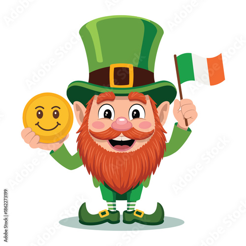 Happy cartoon leprechaun holding a gold coin with a smiley face and an Irish flag, celebrating St. Patrick's Day.