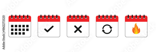 Red Calendar Icons with Symbols Isolated On Transparent Background